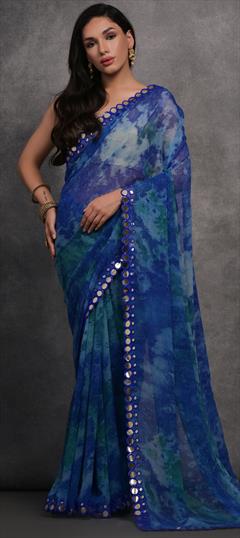 Festive, Party Wear Blue color Saree in Faux Georgette fabric with Classic Mirror, Printed work : 1922572