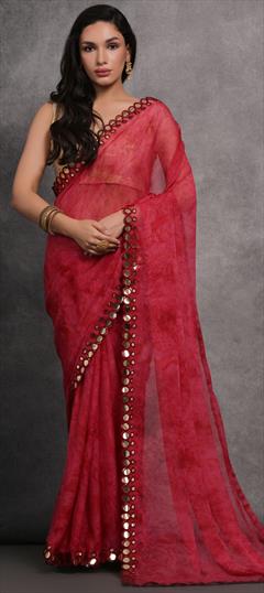 Festive, Party Wear Pink and Majenta color Saree in Faux Georgette fabric with Classic Mirror, Printed work : 1922573