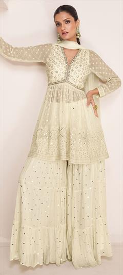 Reception, Wedding White and Off White color Salwar Kameez in Georgette fabric with Anarkali, Palazzo Embroidered, Sequence work : 1922636