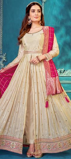 Designer, Mehendi Sangeet, Reception, Wedding Beige and Brown color Salwar Kameez in Silk fabric with Anarkali Embroidered, Resham, Sequence, Thread, Zari work : 1922644