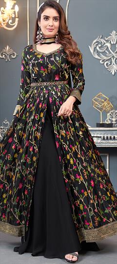 Designer, Mehendi Sangeet, Reception, Wedding Black and Grey color Salwar Kameez in Silk fabric with Anarkali, Palazzo Embroidered, Floral, Printed work : 1922652
