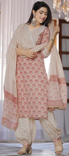 Festive, Party Wear Pink and Majenta color Salwar Kameez in Cotton fabric with Patiala, Straight Floral, Printed, Sequence work : 1922661