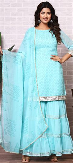 Reception, Wedding Blue color Salwar Kameez in Georgette fabric with Sharara, Straight Gota Patti, Printed work : 1922662