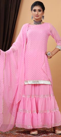 Reception, Wedding Pink and Majenta color Salwar Kameez in Georgette fabric with Sharara, Straight Gota Patti, Printed work : 1922663