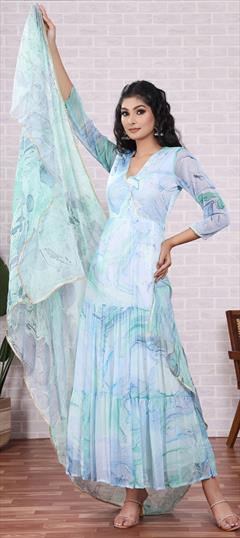 Festive Blue color Kurti in Chiffon fabric with A Line Printed work : 1922669