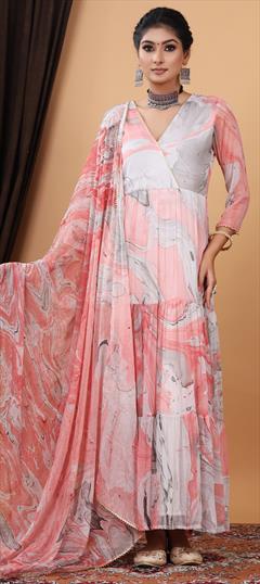 Festive Pink and Majenta color Kurti in Chiffon fabric with A Line Printed work : 1922675