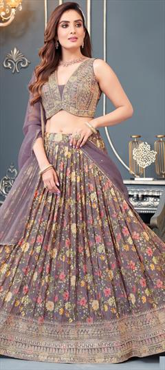Designer Purple and Violet color Ready to Wear Lehenga in Organza Silk fabric with Flared Embroidered, Floral, Printed, Thread, Zari work : 1922712