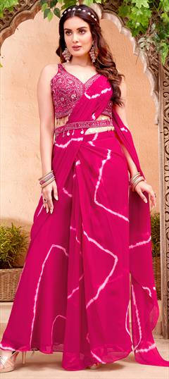Designer, Festive, Reception, Wedding Pink and Majenta color Readymade Saree in Silk fabric with Classic Bugle Beads, Cut Dana, Lehariya, Mirror, Printed work : 1922721