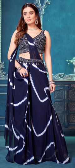 Designer, Festive, Reception, Wedding Blue color Readymade Saree in Silk fabric with Classic Bugle Beads, Cut Dana, Lehariya, Mirror, Printed work : 1922727