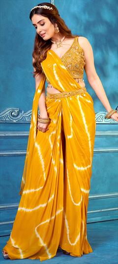 Designer, Festive, Reception, Wedding Yellow color Readymade Saree in Silk fabric with Classic Bugle Beads, Cut Dana, Lehariya, Mirror, Printed work : 1922729