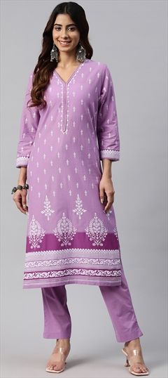 Festive, Summer Purple and Violet color Salwar Kameez in Cotton fabric with Straight Printed, Resham, Thread work : 1922749