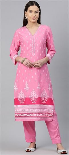 Festive, Summer Pink and Majenta color Salwar Kameez in Cotton fabric with Straight Printed, Resham, Thread work : 1922751