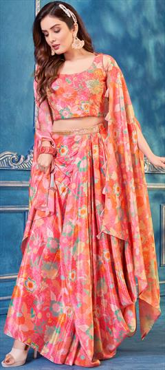 Bridal, Designer, Wedding Pink and Majenta color Ready to Wear Lehenga in Silk fabric with Asymmetrical Bugle Beads, Floral, Printed, Sequence work : 1922752