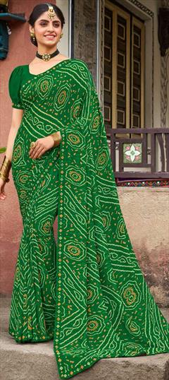 Festive, Party Wear Green color Saree in Georgette fabric with Classic, Rajasthani Bandhej, Printed work : 1922810