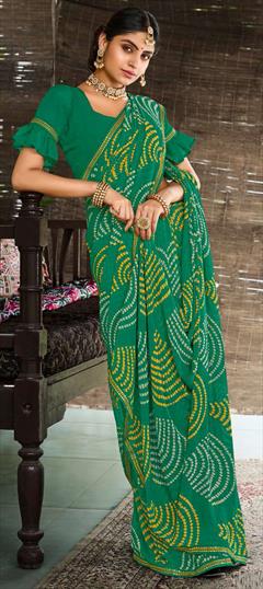 Festive, Party Wear Green color Saree in Georgette fabric with Classic, Rajasthani Bandhej, Printed work : 1922815