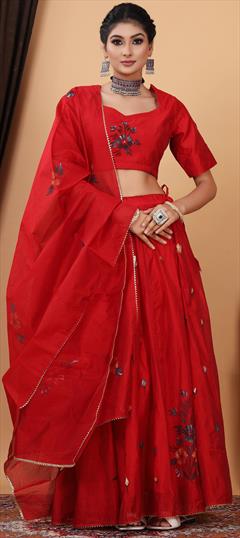 Festive, Mehendi Sangeet, Reception Red and Maroon color Ready to Wear Lehenga in Chanderi Silk fabric with Flared Floral, Lace, Printed work : 1922854