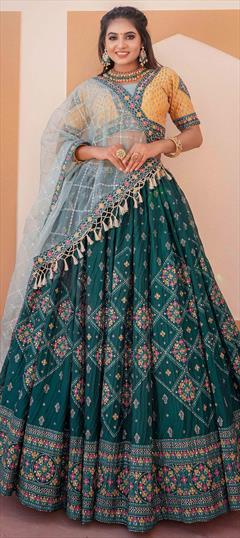 Bridal, Wedding Green color Ready to Wear Lehenga in Silk fabric with Flared Embroidered, Sequence, Thread, Zari work : 1922862
