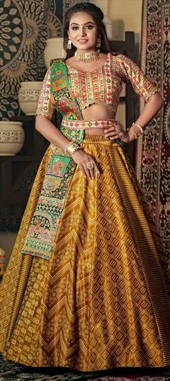 Bridal, Wedding Yellow color Ready to Wear Lehenga in Satin Silk fabric with Flared Embroidered, Sequence, Thread, Zari work : 1922864