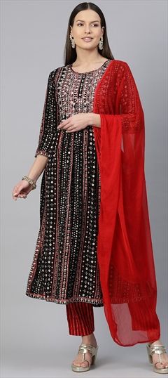 Festive, Summer, Wedding Black and Grey, Red and Maroon color Salwar Kameez in Rayon fabric with Anarkali Embroidered, Printed, Resham, Sequence, Thread, Zari work : 1922880