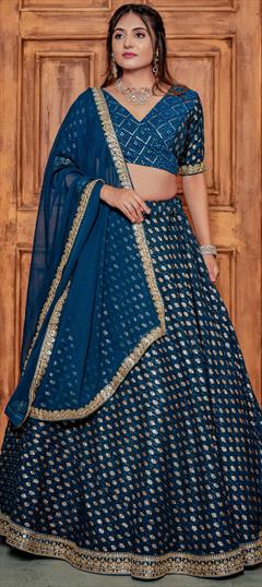 Bridal, Engagement, Wedding Blue color Ready to Wear Lehenga in Georgette fabric with Flared Embroidered, Foil Print, Sequence, Zari work : 1922882