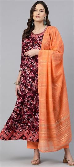 Festive, Summer, Wedding Orange, Purple and Violet color Salwar Kameez in Rayon fabric with Anarkali Embroidered, Floral, Printed, Resham, Sequence, Thread work : 1922893