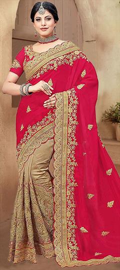Bridal, Traditional, Wedding Beige and Brown, Pink and Majenta color Saree in Art Silk, Silk fabric with South Embroidered, Lace, Sequence, Thread, Zari work : 1922944