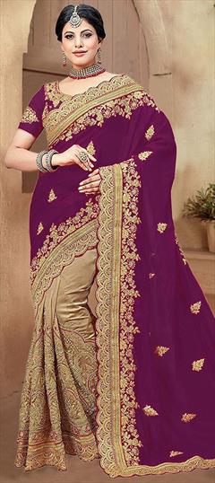 Bridal, Traditional, Wedding Beige and Brown, Purple and Violet color Saree in Art Silk, Silk fabric with South Embroidered, Lace, Sequence, Thread, Zari work : 1922949