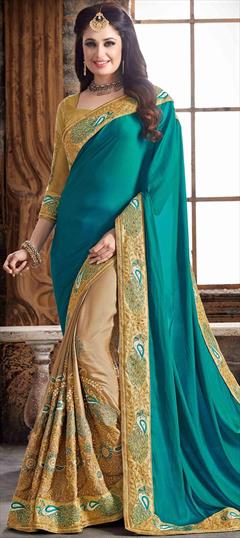 Traditional, Wedding Beige and Brown, Blue color Saree in Silk fabric with Half and Half, South Border, Embroidered, Resham, Stone, Thread work : 1922954