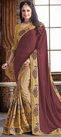 Traditional, Wedding Beige and Brown color Saree in Silk fabric with Half and Half, South Border, Embroidered, Resham, Stone, Thread work : 1922955