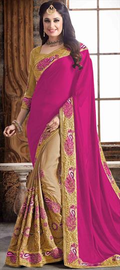 Traditional, Wedding Beige and Brown, Pink and Majenta color Saree in Silk fabric with Half and Half, South Border, Embroidered, Resham, Stone, Thread work : 1922956