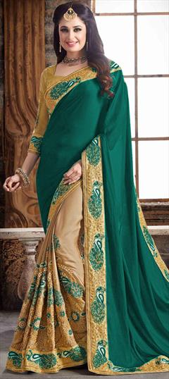 Traditional, Wedding Beige and Brown, Green color Saree in Silk fabric with Half and Half, South Border, Embroidered, Resham, Stone, Thread work : 1922957