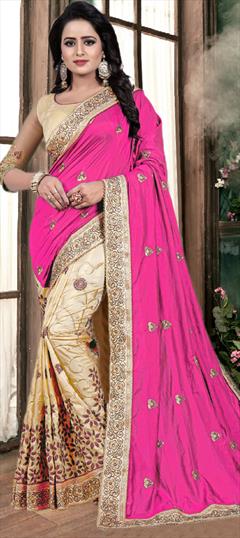 Festive, Party Wear, Wedding Beige and Brown, Pink and Majenta color Saree in Art Silk, Chiffon fabric with Classic, Half and Half Border, Embroidered, Resham, Thread work : 1922964
