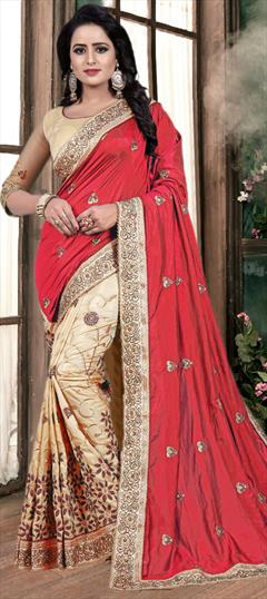 Festive, Party Wear, Wedding Beige and Brown, Red and Maroon color Saree in Art Silk, Chiffon fabric with Classic, Half and Half Border, Embroidered, Resham, Thread work : 1922967