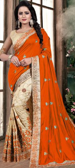 Festive, Party Wear, Wedding Beige and Brown, Orange color Saree in Art Silk, Chiffon fabric with Classic, Half and Half Border, Embroidered, Resham, Thread work : 1922968