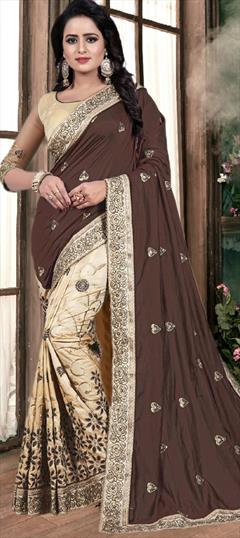 Festive, Party Wear, Wedding Beige and Brown color Saree in Art Silk, Chiffon fabric with Classic, Half and Half Border, Embroidered, Resham, Thread work : 1922970