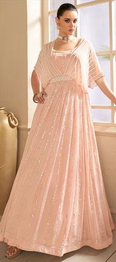 Engagement, Wedding Pink and Majenta color Gown in Georgette fabric with Embroidered, Mirror, Sequence work : 1923034