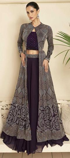 Mehendi Sangeet, Wedding Purple and Violet color Ready to Wear Lehenga in Georgette fabric with Flared Embroidered, Sequence work : 1923035