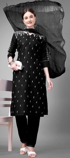 Party Wear Black and Grey color Salwar Kameez in Blended Cotton fabric with Straight Embroidered, Sequence, Thread work : 1923112