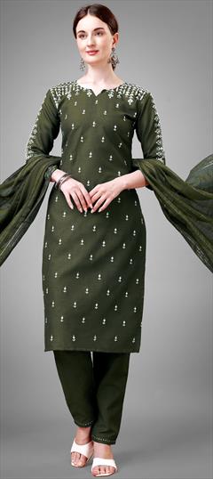 Party Wear Green color Salwar Kameez in Blended Cotton fabric with Straight Embroidered, Sequence, Thread work : 1923114