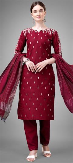 Party Wear Red and Maroon color Salwar Kameez in Blended Cotton fabric with Straight Embroidered, Sequence, Thread work : 1923117