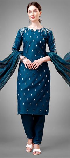 Party Wear Blue color Salwar Kameez in Blended Cotton fabric with Straight Embroidered, Sequence, Thread work : 1923120
