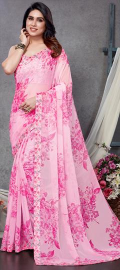 Party Wear Pink and Majenta color Saree in Faux Chiffon fabric with Classic Border, Floral, Printed work : 1923241