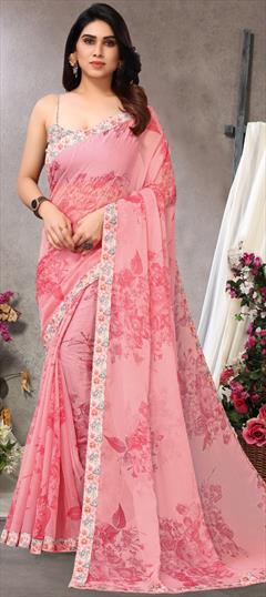 Casual, Party Wear Pink and Majenta color Saree in Faux Chiffon fabric with Classic Border, Floral, Printed work : 1923242