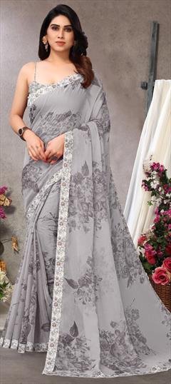 Party Wear Black and Grey color Saree in Faux Chiffon fabric with Classic Border, Floral, Printed work : 1923243