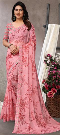 Party Wear Pink and Majenta color Saree in Faux Chiffon fabric with Classic Border, Floral, Printed work : 1923245