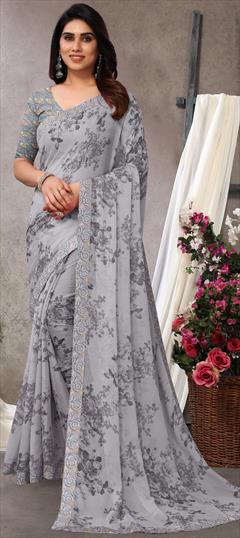 Party Wear Black and Grey color Saree in Faux Chiffon fabric with Classic Border, Floral, Printed work : 1923246
