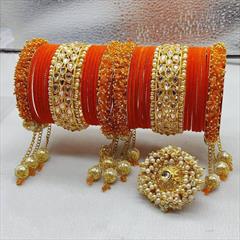 Orange color Bangles in Metal Alloy studded with Beads, Kundan, Pearl & Gold Rodium Polish : 1923263