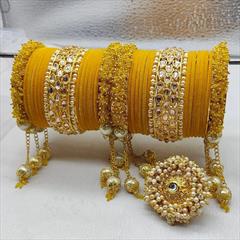 Yellow color Bangles in Metal Alloy studded with Beads, Kundan, Pearl & Gold Rodium Polish : 1923265