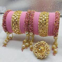 Pink and Majenta color Bangles in Metal Alloy studded with Beads, Kundan, Pearl & Gold Rodium Polish : 1923268
