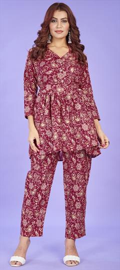 Casual, Summer Red and Maroon color Co-ords Set in Cotton fabric with Printed work : 1923269